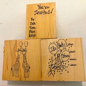 “Party Time“ Bundle of 3 Rubber Stamps 3” x 3” Alene’s Fun Stamps Wood Mounted